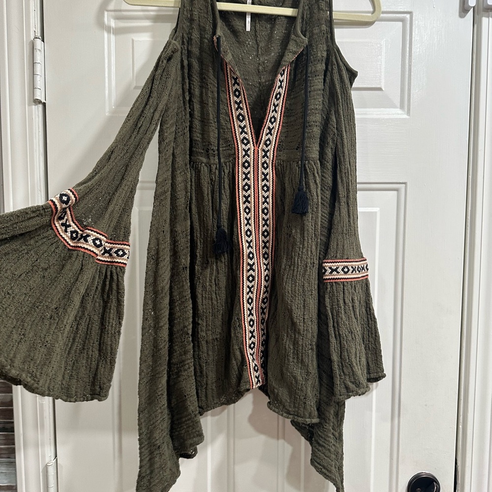 Free People Olive Green Tunic with Embroidered Trim and Cut Out Shoulders